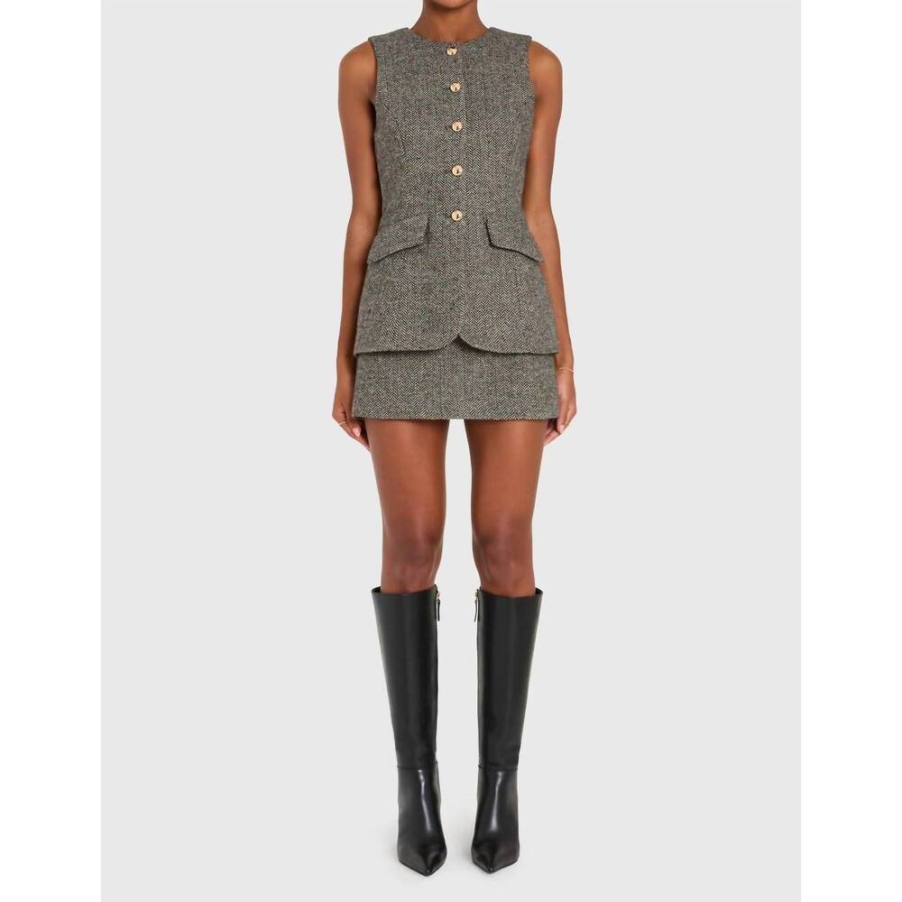 Amanda Uprichard Sleeveless Tweed Romper in Gray with Gold Buttons